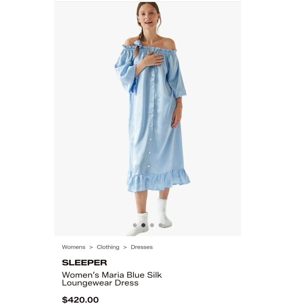 Sleeper Maria Blue Silk Loungewear Dress NWOT Button Down Oversized Ruffle Chic - Picture 9 of 9